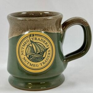 Deneen Pottery Nutmeg Traders Sailing Ship Mug Green Brown Drip Glaze USA Unused